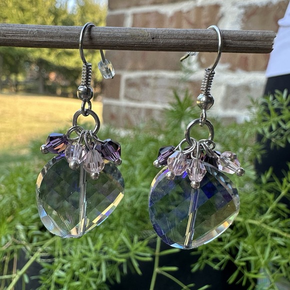 Hook Earrings 1.75 Inch Purple Blue Iridescent Faceted Beads Glass Silver Tone - Picture 3 of 8